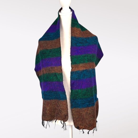 US Sherpa Striped Knit Scarf Purple Green Blue Brown Fringe Wool Blend Nepal - Picture 1 of 8